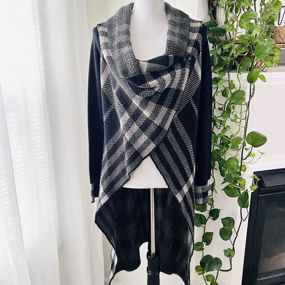 Venus Black & White Knitted Long Cowl Neck Side Button Cardigan Sweater Duster M - Picture 1 of 7